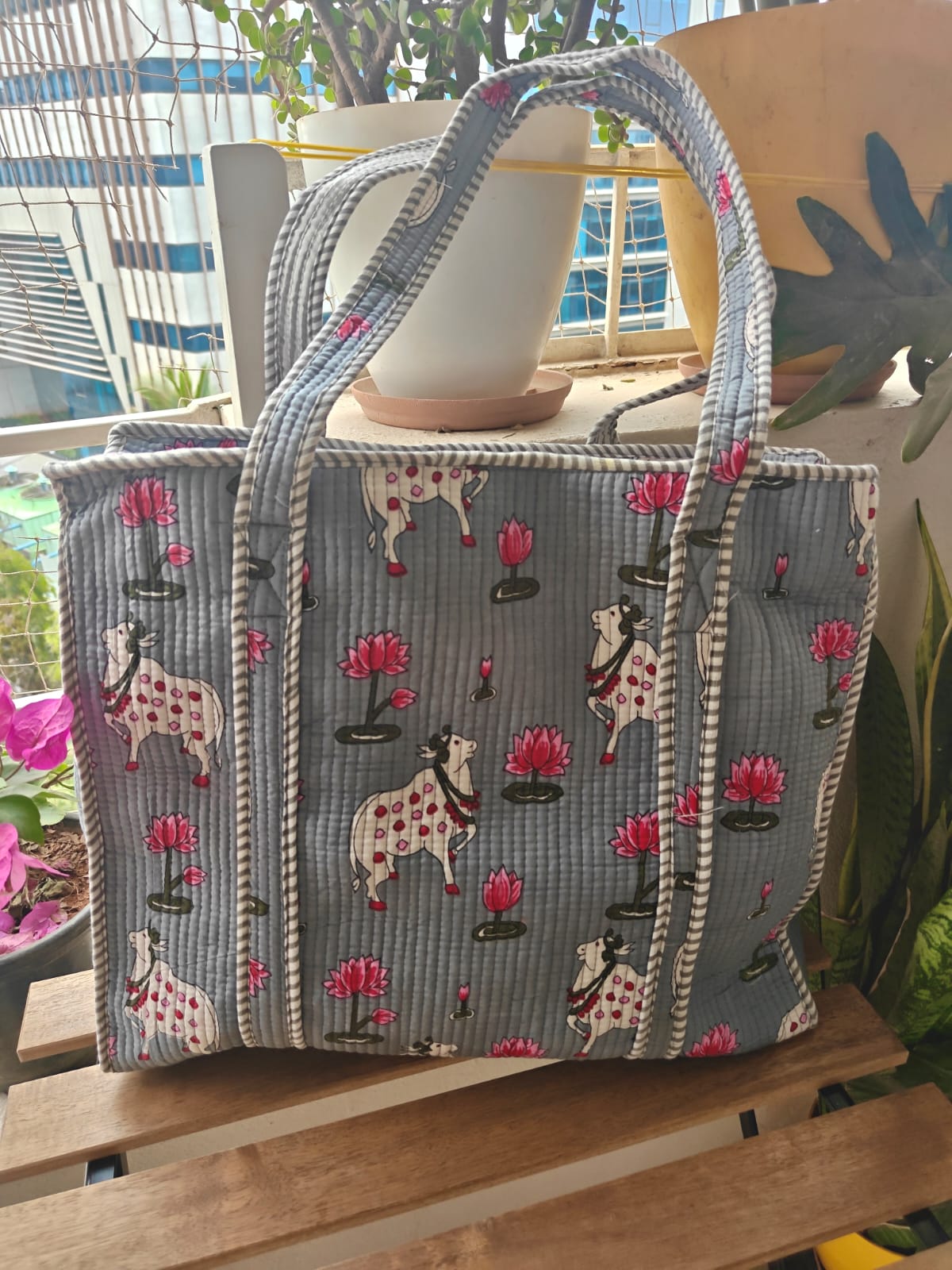 Pichwai Block print tote bag - Boho quilted women's bags - Women's handbag - Grey Hand block Printed Quilted cotton Shoulder Bag