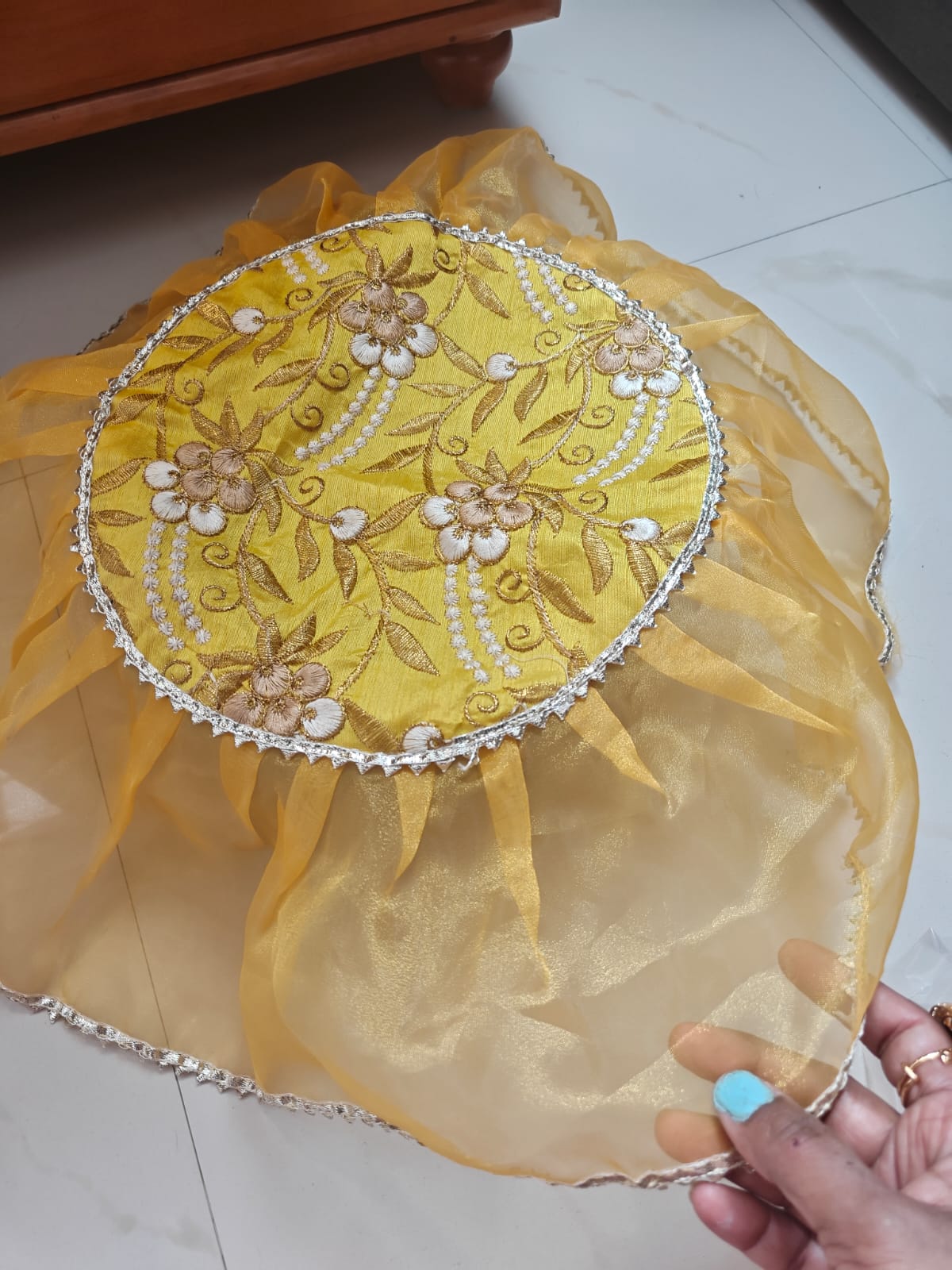 Decorative Yellow Silver Golden Organza Gota Patti Thalposh/Thali Cover