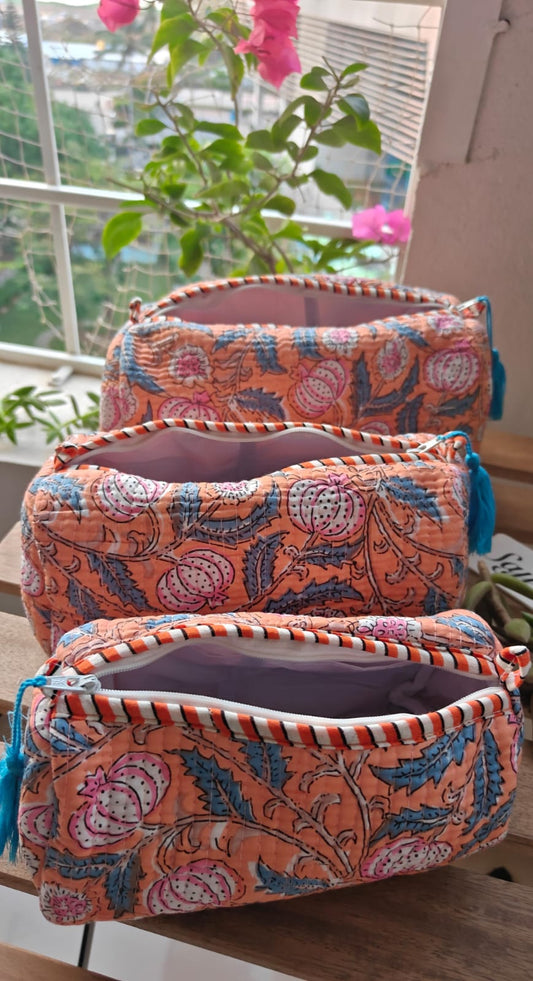 Perfect Travel Companion Hand Block Printed Cotton Quilted Floral Toiletry Bag 3 Piece Combo Set Waterproof Travel Kit