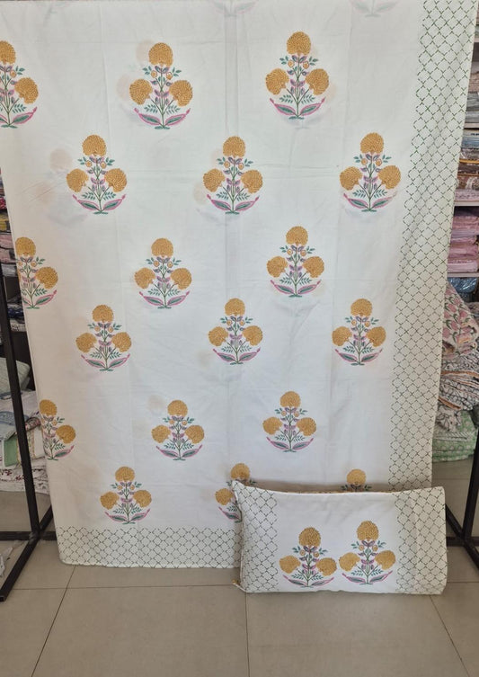 Premium Percale Hand Block Cotton King Bedsheet Yellow Floral 108 inches x 108 inches