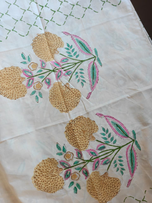 Premium Percale Hand Block Cotton King Bedsheet Yellow Floral 108 inches x 108 inches