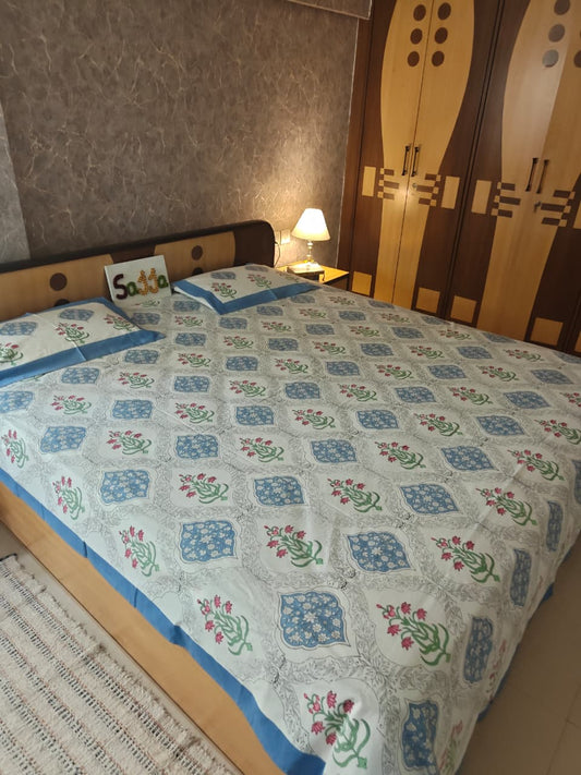 Sajja Hand Block Printed Bedsheet | Pure Cotton | Double Bed Queen Size 90"x108" | 210 TC Bedsheets | Includes 2 Pillow Covers (Hatti )