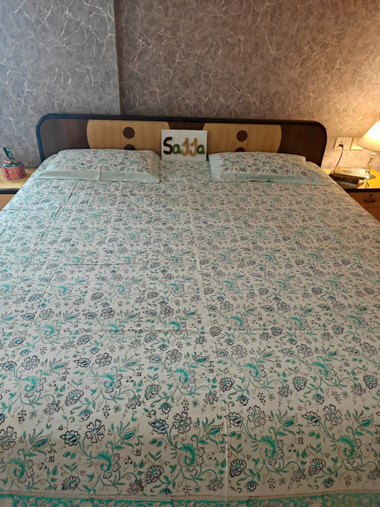 Cotton Jaipuri Hand Block Queen Size Bedsheet 90 x108 inches | Sea Blue Floral Design
