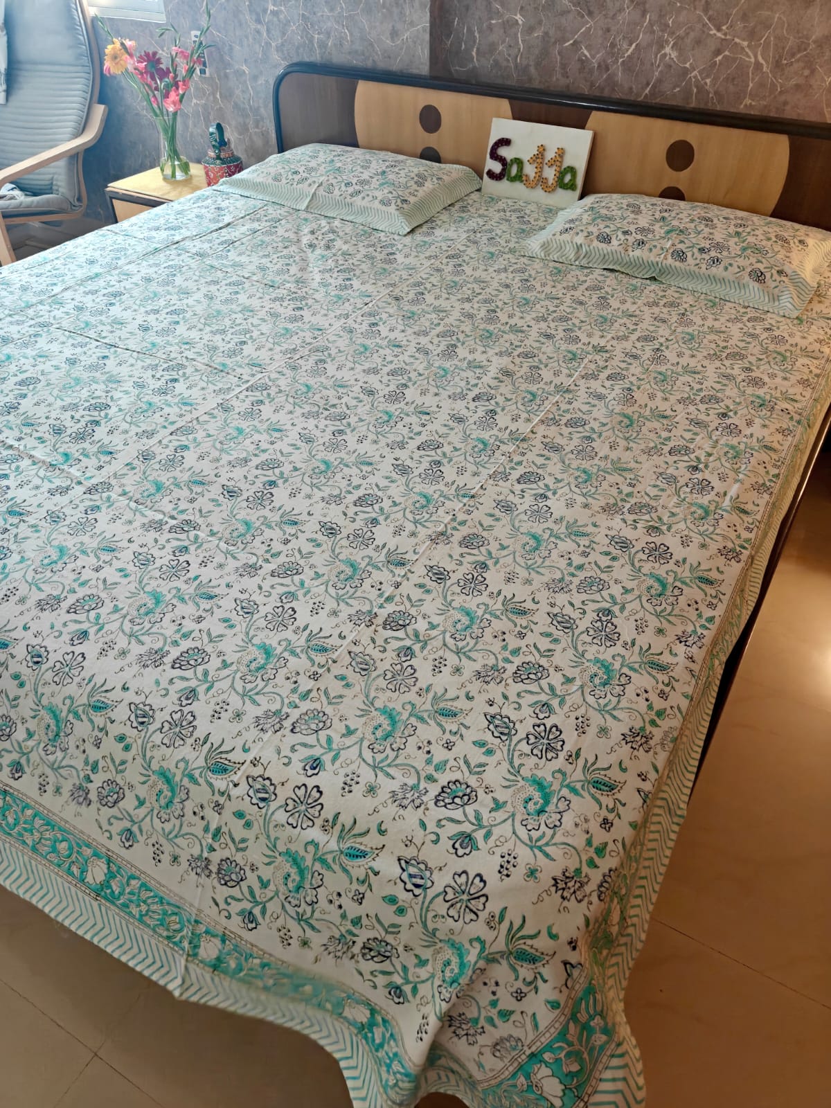 Cotton Jaipuri Hand Block Queen Size Bedsheet 90 x108 inches | Sea Blue Floral Design