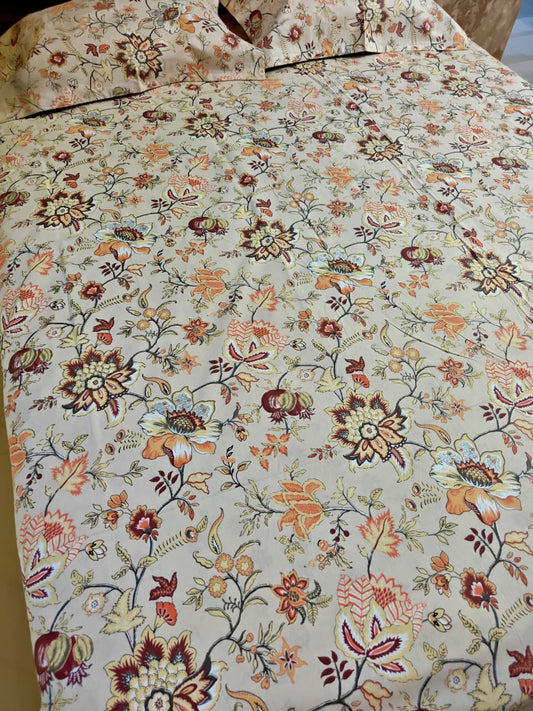 Traditional Anokhi Print Beige Ornage Floral Pure Cotton Double bed King Bedsheet