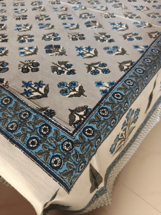 Vintage Blue White Multicolour Hand Block Cotton Table Cover 6 seater to 8 Seater