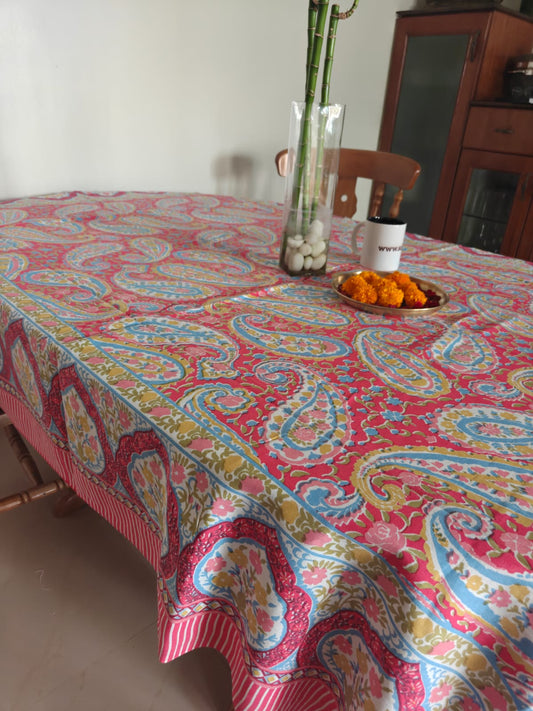 Paisley Red Multicolour Hand Block Cotton Table Cover - 60 x 90 inches 6 seater | smaller 8 seater Table Cloth