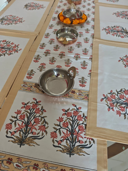 Sajja Handblock Table Linen Set Brown Yellow floral Set of 7- One Table Runner, 6 Table Mats