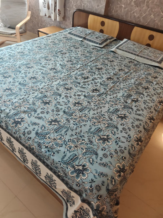 Hand block Ash Blue Floral Motif Pure Cotton Double Bedsheet King 108 x 108 inches