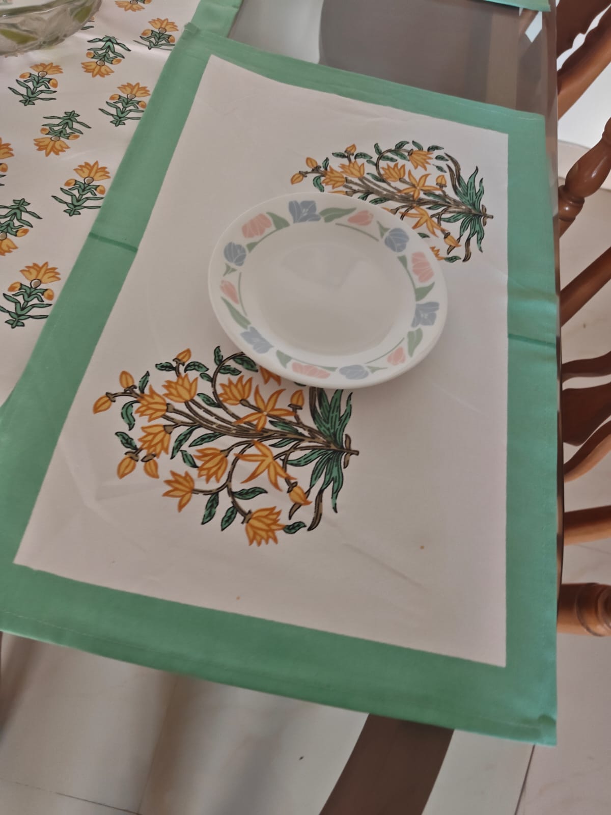 Rajwadi Elegance Teal Yellow Table Runner Table Mats & Napkins - Set of 7 pieces