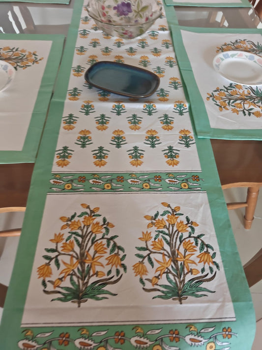 Rajwadi Elegance Teal Yellow Table Runner Table Mats & Napkins - Set of 7 pieces