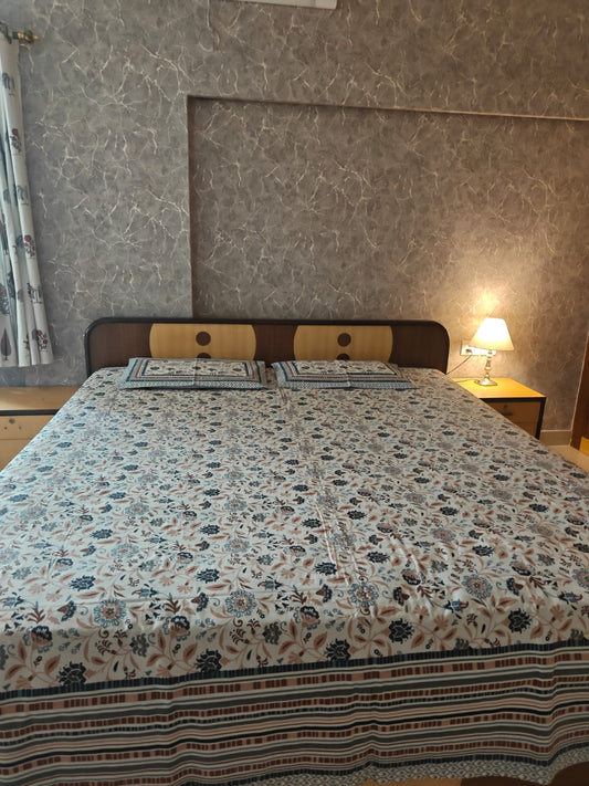 Handblock Blue Peach White Floral Pure Cotton King Double Bedsheet