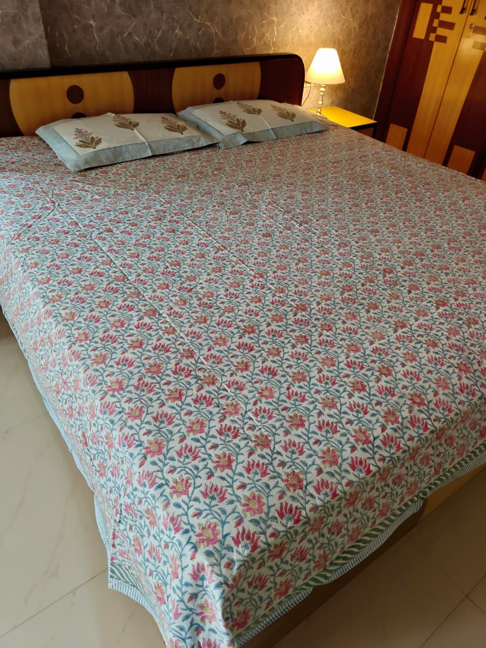 Designer Mughal Bagh Phool Butta Pink Blue Cotton Hand block King Bedsheet 9 x 9 feet