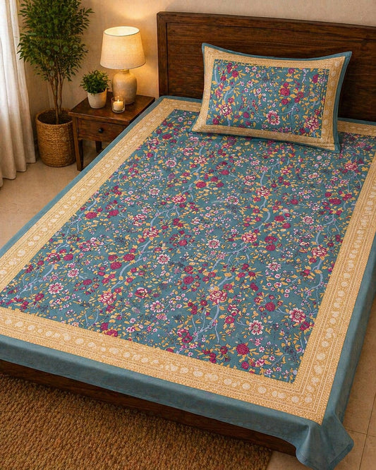 Hand block Print Pure Cotton Teal Abstract Pattern Single Bedsheet (60 x 90in)