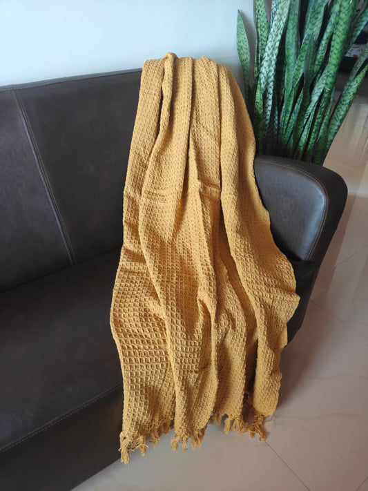 Designer Pure Cotton Waffle Throws Mustard (Onesize)