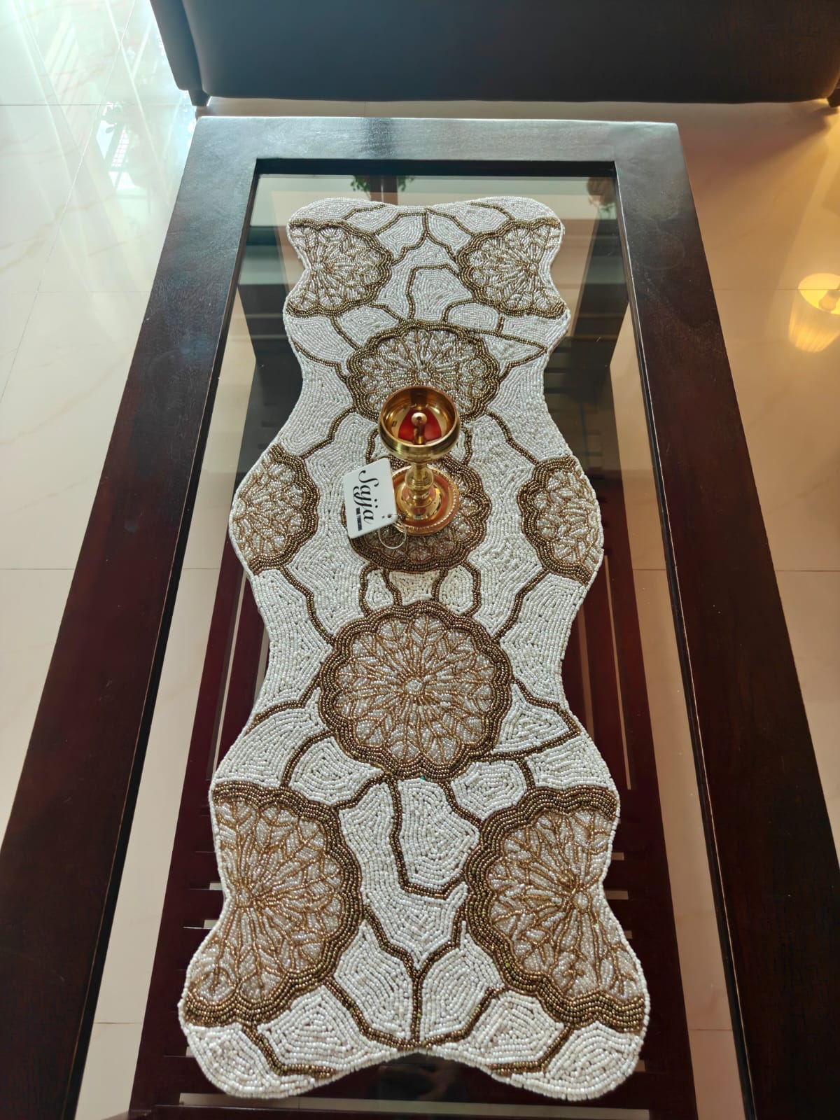 Handmade Vintage Gold Floral Beaded Table Runner | Foyer runner | Coffee Table Runner