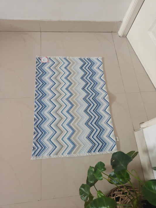 Buy Sajja Chevron Blue Duck Cotton Floor Mat Rug | Use as Table Décor Mat | Reversible Stripe Pattern