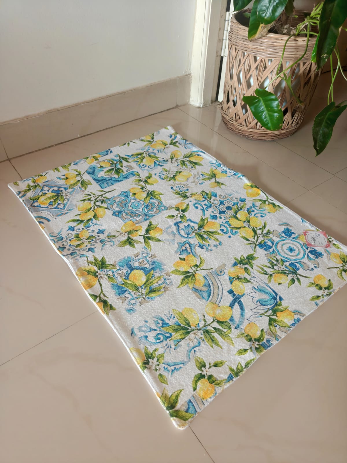 Buy Citrus Yellow Blue Duck Cotton Floor Mat Rug | Use as Table Décor Mat | Reversible Striped Pattern