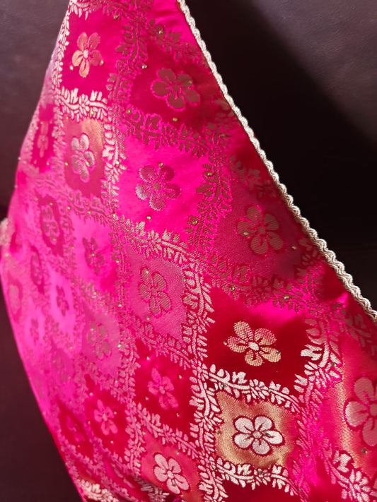 Pink - Tradational Banarasi Handwoven Bandhej Brocade Silk Cushion Covers with Vintage lace 16 x16