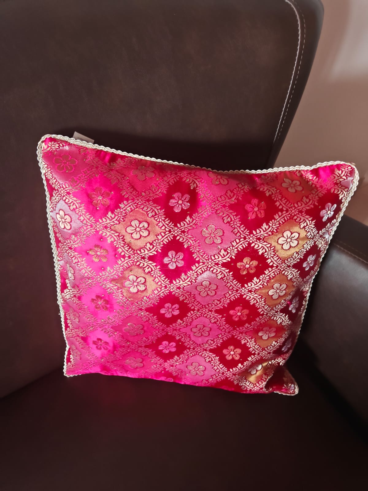 Pink - Tradational Banarasi Handwoven Bandhej Brocade Silk Cushion Covers with Vintage lace 16 x16