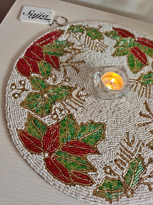 Stylish Beads Round Table Mat - Red Green White Festive Decor Mat