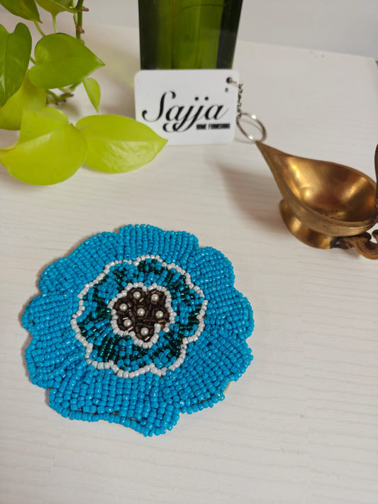 Buy Floral Glass Beaded Blue Handmade Round Beads Coaster Doily