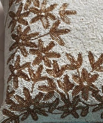 Handmade Beaded Throw Multicolour Cream With Golden Leaves Cushion Cover