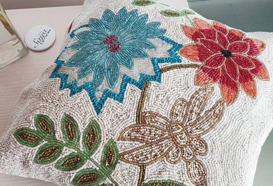 Handmade Beaded Throw Multicolour Floral Cushion Cover