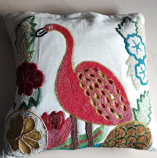 Handmade Beaded Throw Multicolour Flamingo cushion cover
