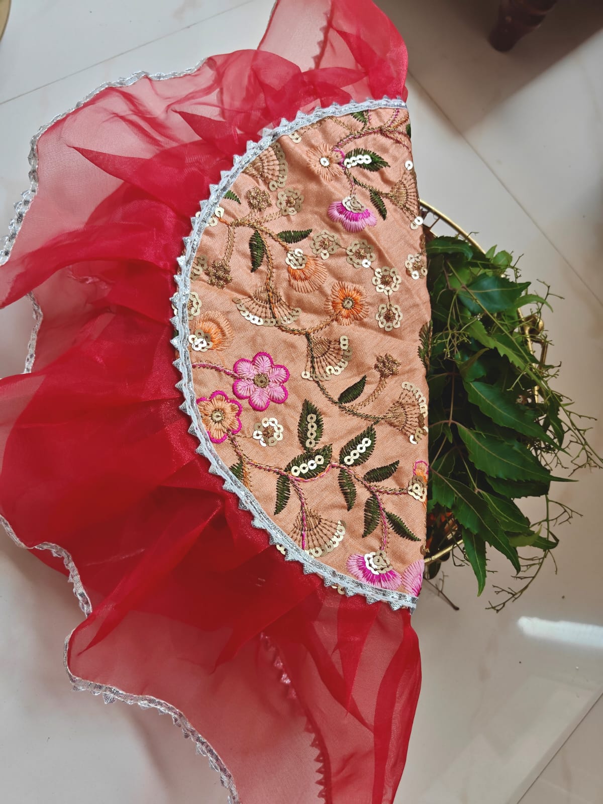 Decorative Festive Pooja Embriodered Organza Gota Patti Thalposh Thali Cover