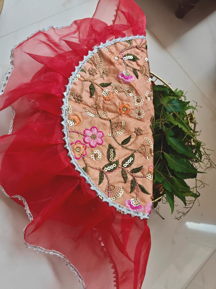 Decorative Festive Pooja Embriodered Organza Gota Patti Thalposh Thali Cover