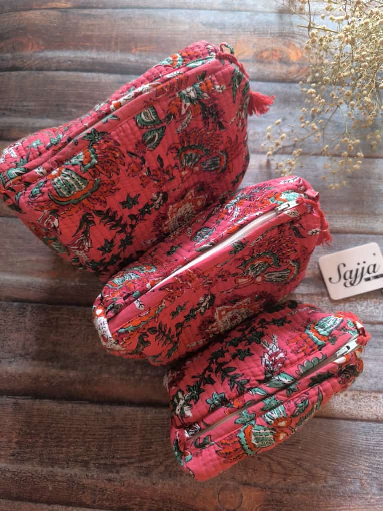 Block Printed Set of 3 Toiletry Bags  Floral Pinkish carrot | Set of 3 