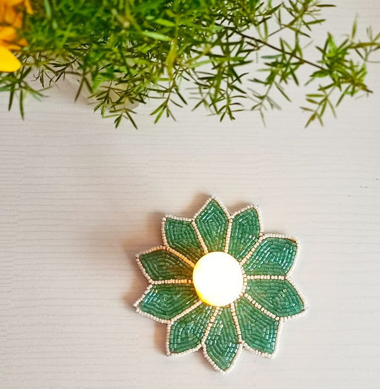 Decorative Handmade Royal Green Round Floral Beads Coaster Doily