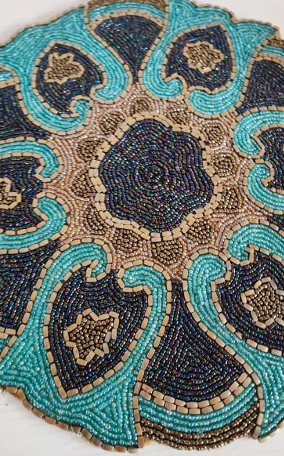 Mermaid Teal Brass finish Sapphire Beaded Inlay Round Beads Table Placemat