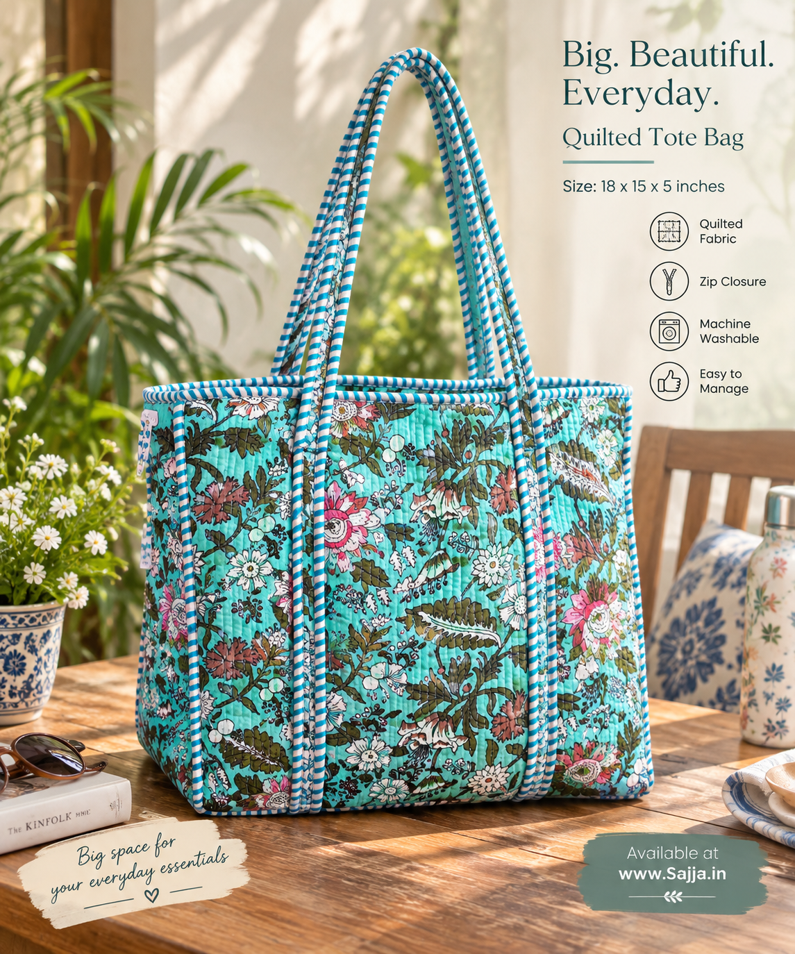 Bright Floral Turquoise Hand block Printed Quilted Tote Bag  (Large With Zipper)