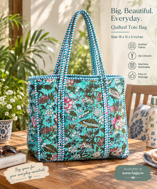 Bright Floral Turquoise Hand block Printed Quilted Tote Bag  (Large With Zipper)