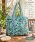 Bright Floral Turquoise Hand block Printed Quilted Tote Bag  (Large With Zipper)