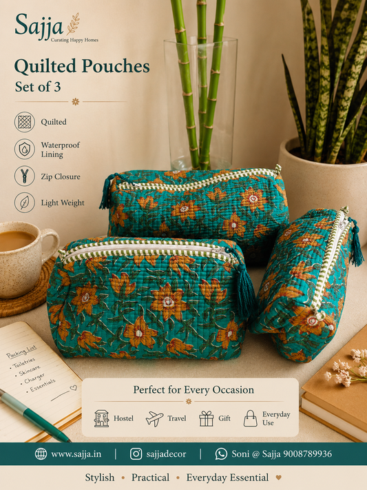 Hand Block Printed Flower Design Small Travel Kit Cotton Pouch | Travel Kit | Small Pouch | Travel Utility | Accessory
