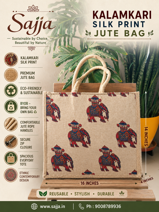 Buy Royal Elephant Abstract Silk Jute Gifting Bag | Handcrafted Tote Shopping Bags