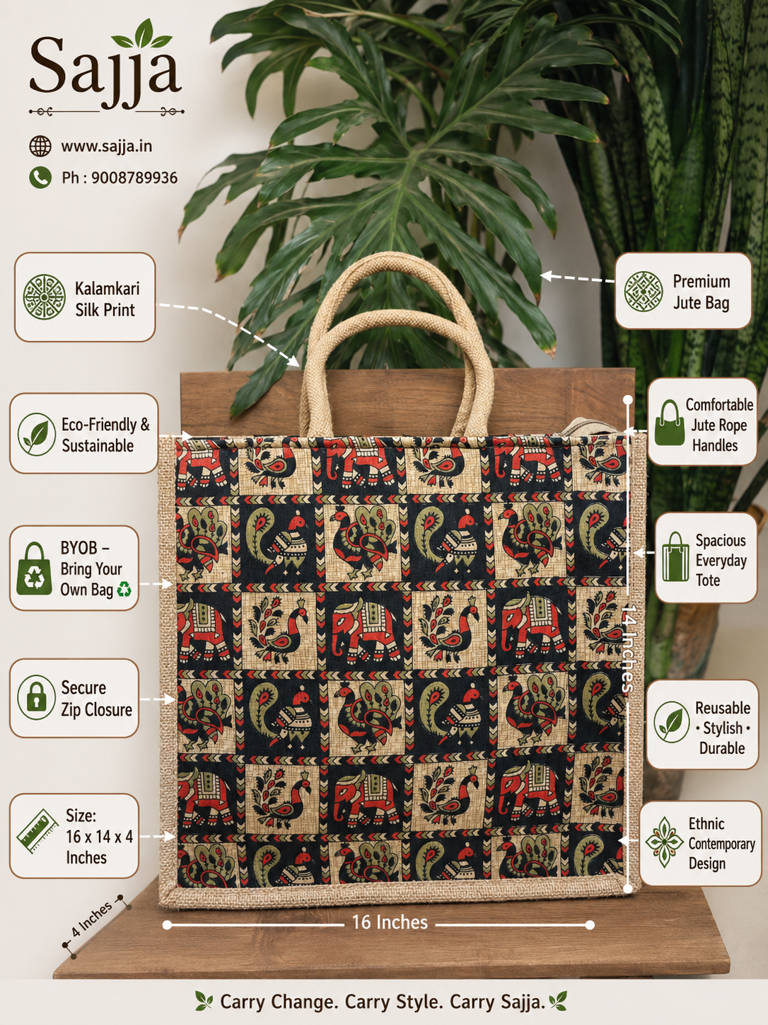 Vintage Peacock Motif Silk Jute Gifting Bags | Eco friendly Handcrafted Tote Bag 16 x14 x4 inches