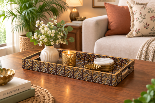 Brown Turkish Mosaic Gold Decorative MDF Tray | Stylish Serving & Home Décor Tray
