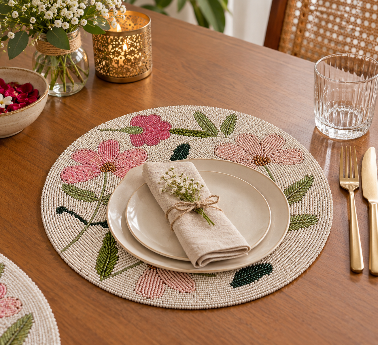 Garden of Flowers White Beads Round Floral Mat Placemat