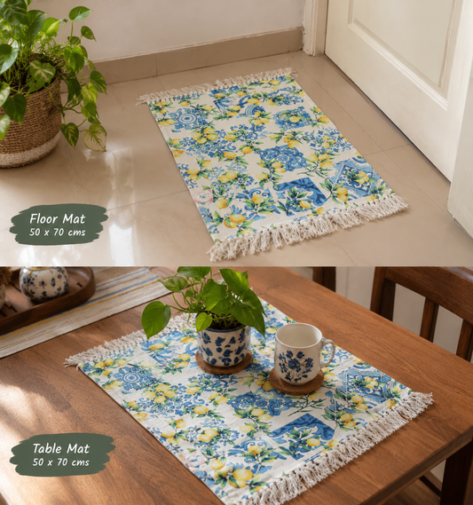 Buy Citrus Yellow Blue Duck Cotton Floor Mat Rug | Use as Table Décor Mat With Tassels