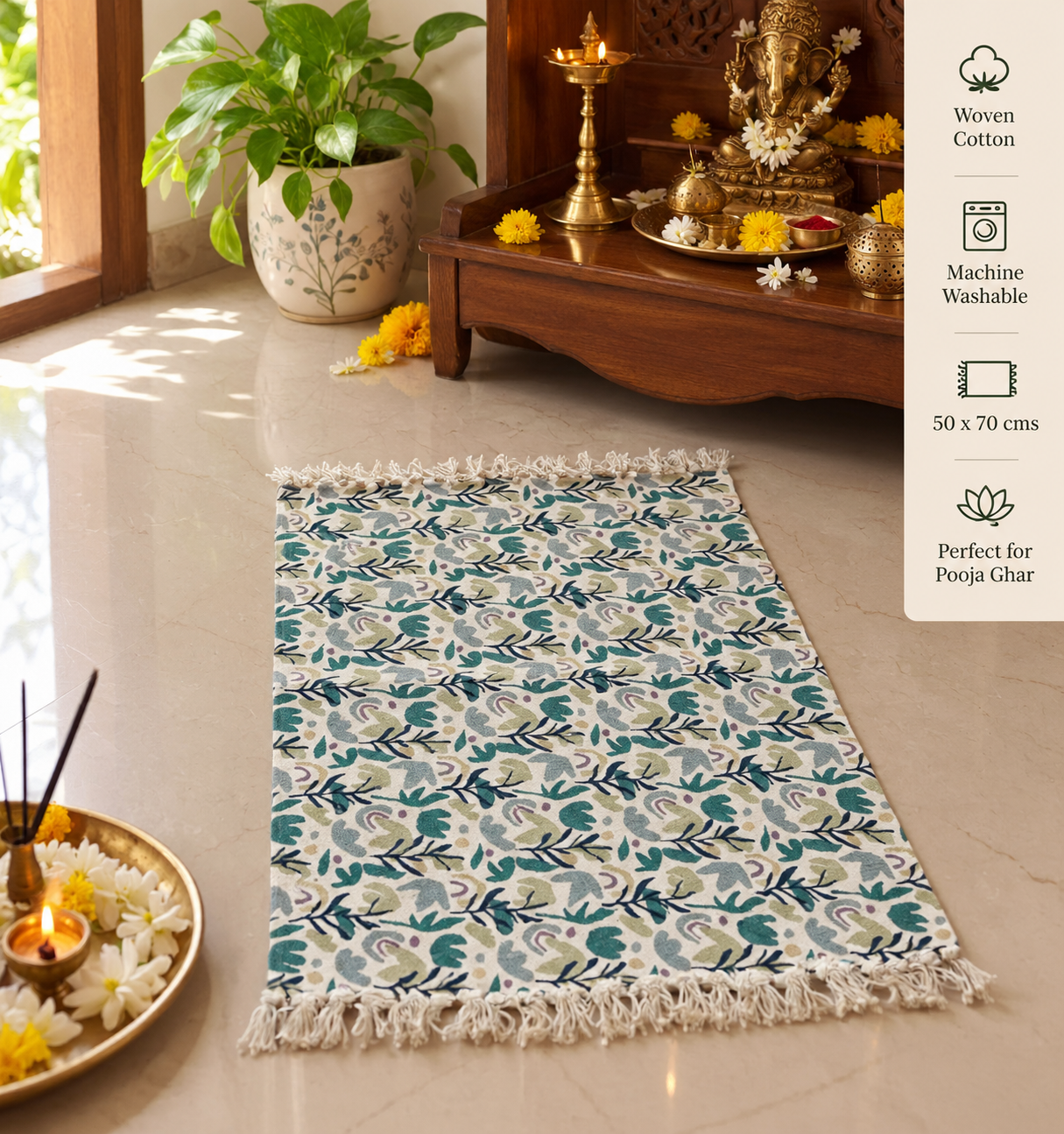 Designer Teal Turquoise Mat, Two Cosy Settings Table Mat Aasan Pure cotton with Tassels