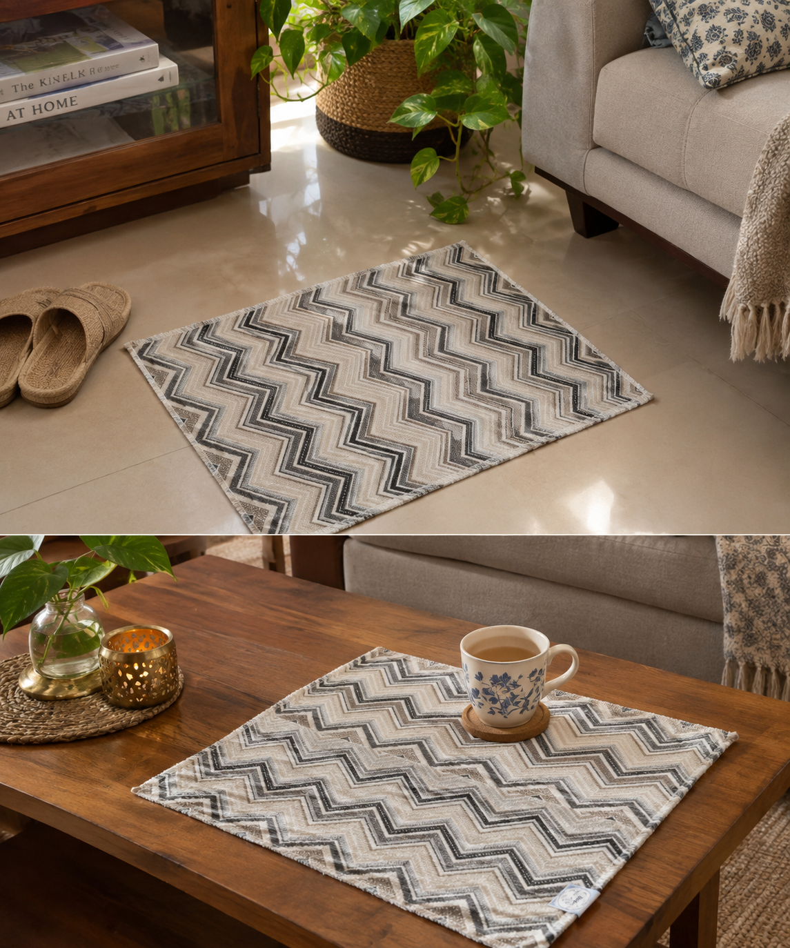 Designer Chevron White Reversible Thick Duck Cotton Floor Mat |Use as Table Décor Mat | Perfect Kids Mat