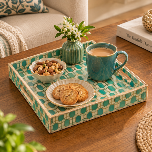Turquoise Marble Inlay Print Decorative Sqaure MDF Tray | Stylish Serving & Home Décor Tray