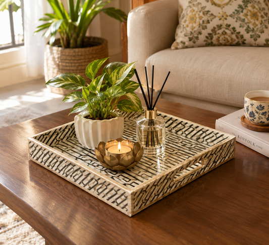 White Grey Marble Inlay Print Decorative Sqaure MDF Tray | Stylish Serving & Home Décor Tray