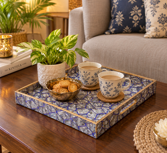Royal Blue Marble Inlay Print Decorative Sqaure MDF Tray | Stylish Serving & Home Décor Tray