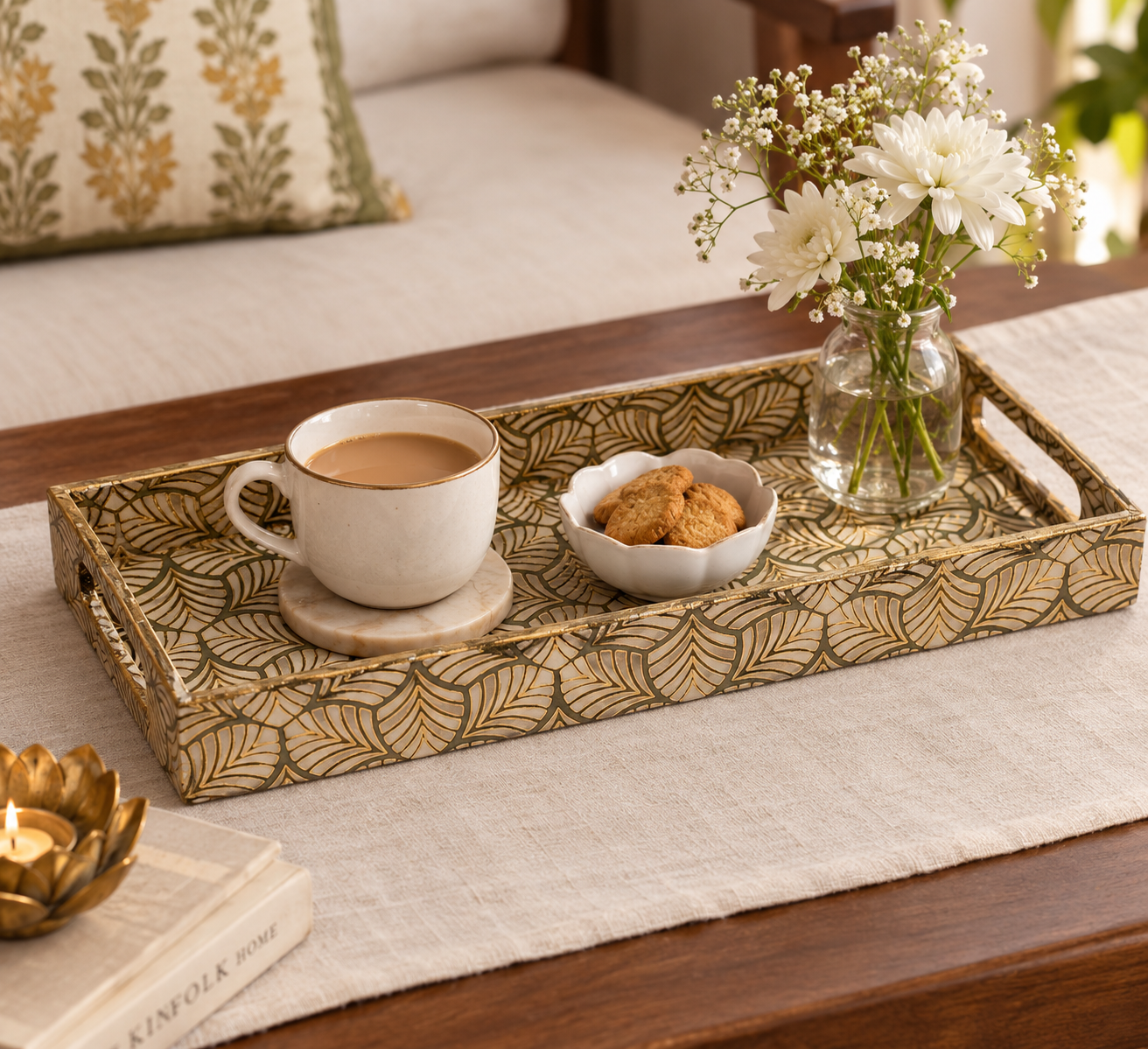 Green Leaves Marble Inlay Print Decorative  MDF Tray | Stylish Serving & Home Décor Tray