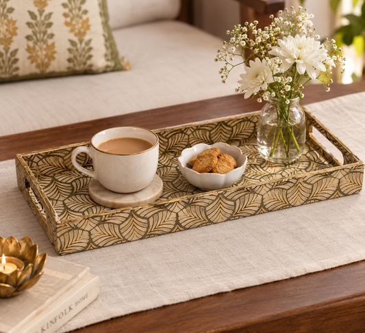 Green Leaves Marble Inlay Print Decorative  MDF Tray | Stylish Serving & Home Décor Tray